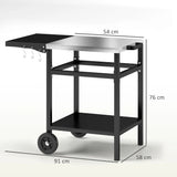 Outsunny BBQ Trolley with Stainless Steel Top and Foldable Side Table, Outdoor Kitchen Barbecue Station with Hooks and Shelf, Pizza Oven Table Movable Outdoor Grill Dining Cart with Cover, Black