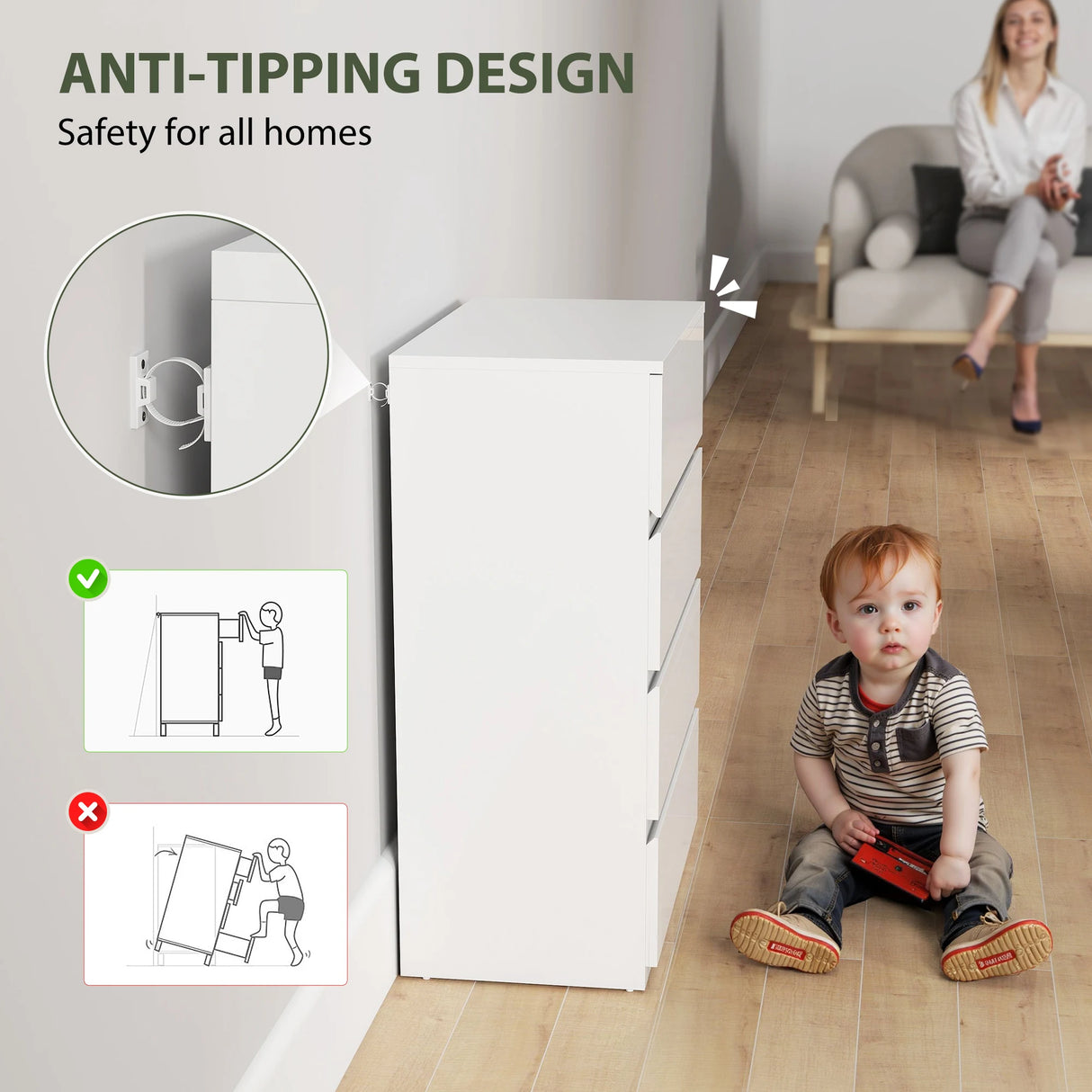 HOMCOM High Gloss Chest of Drawers, 4-Drawer Storage Cabinets, Modern Dresser for Bedroom, White