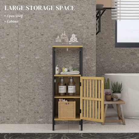 HOMCOM Bamboo-Blend Retro Cut-Out Bathroom Storage Unit, with Cupboard