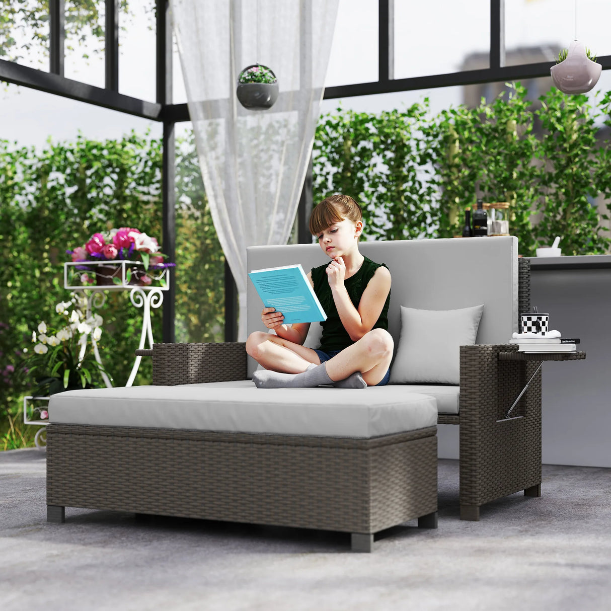 Outsunny Rattan Day Bed, with Footstool - Light Grey
