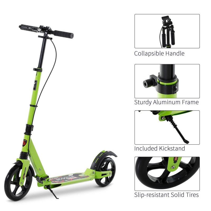 HOMCOM Kick Scooter, Folding 2 Wheel Scooter for 14+ Teens Adults, with Dual Brake System, Dual Suspension, 230mm Big Wheels, 3 Adjustable Handlebar, up to 100KG, Green