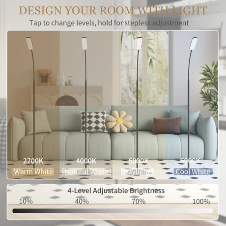 HOMCOM LED Floor Lamp, Standing Lamp with Remote & Touch Control, Stepless Dimmable Colours Temperature & Brightness, 360 Adjustable Gooseneck, 1 Hour Timer, Memory Function for Living Room, Black