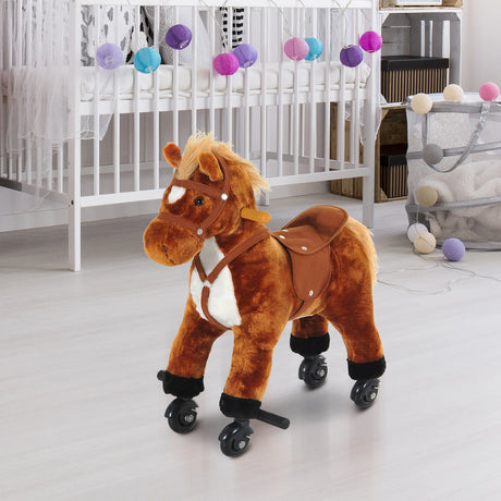 HOMCOM Rocking Horse Kids Ride on Walking Horse Animal Pony Wheeled Riding Plush Toy w/Sound for 2 Years and Up (Brown)