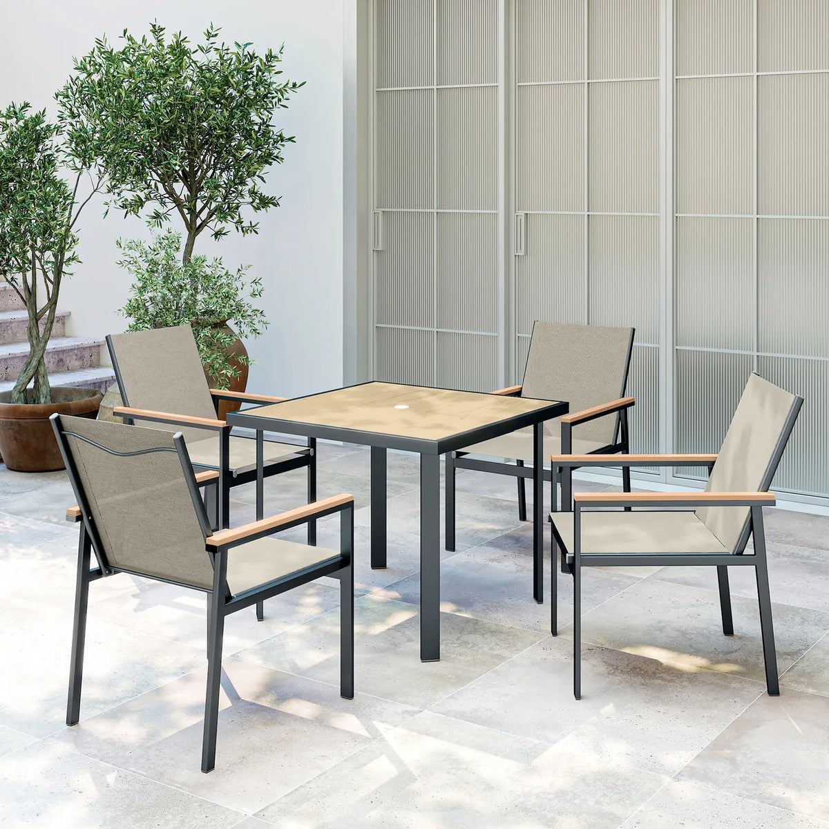 Outsunny Five-Piece Metal Dining Set, with Glass-Top Table - Khaki