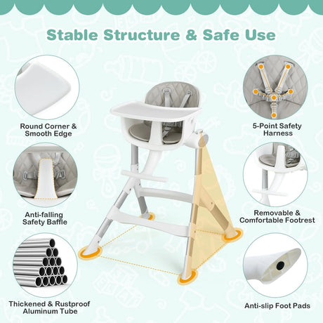Adjustable Baby Highchair with Removable Tray and 5-Point Safety Harness-Grey