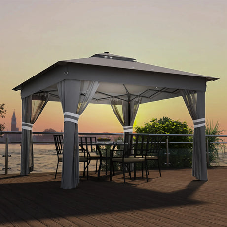 Outsunny 3.36 x 3.36m Pop Up Gazebo Party Tent with Solar-Powered LED Lights, Adjustable Event Shelter with Netting, Grey