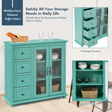 2-Door Wooden Buffet Sideboard with 4 Drawer-Green