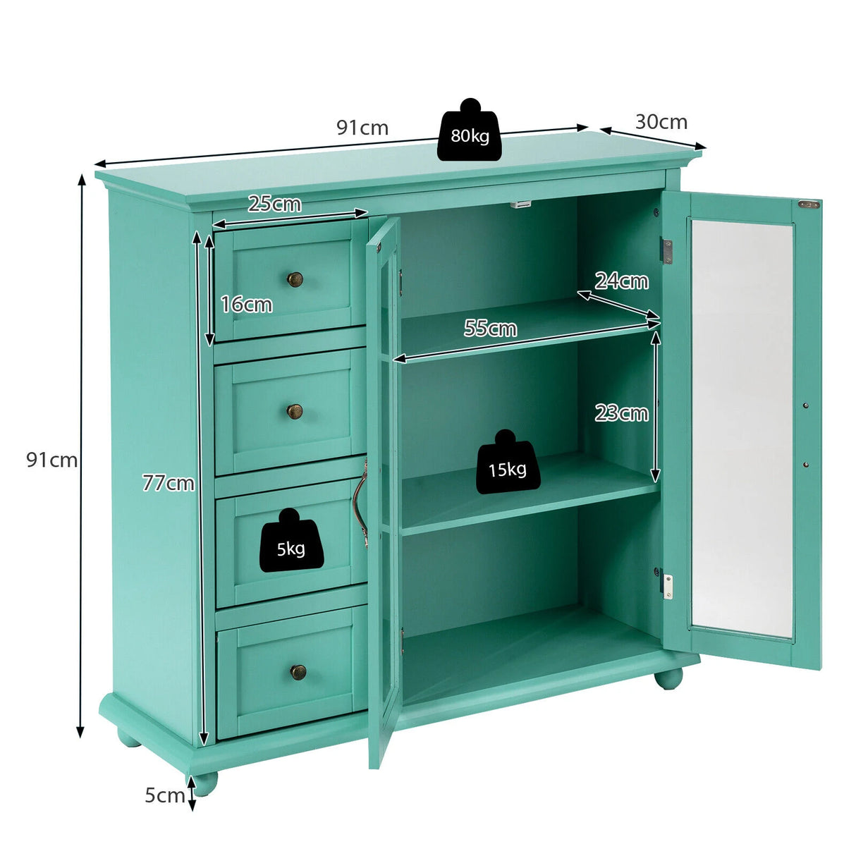 2-Door Wooden Buffet Sideboard with 4 Drawer-Green