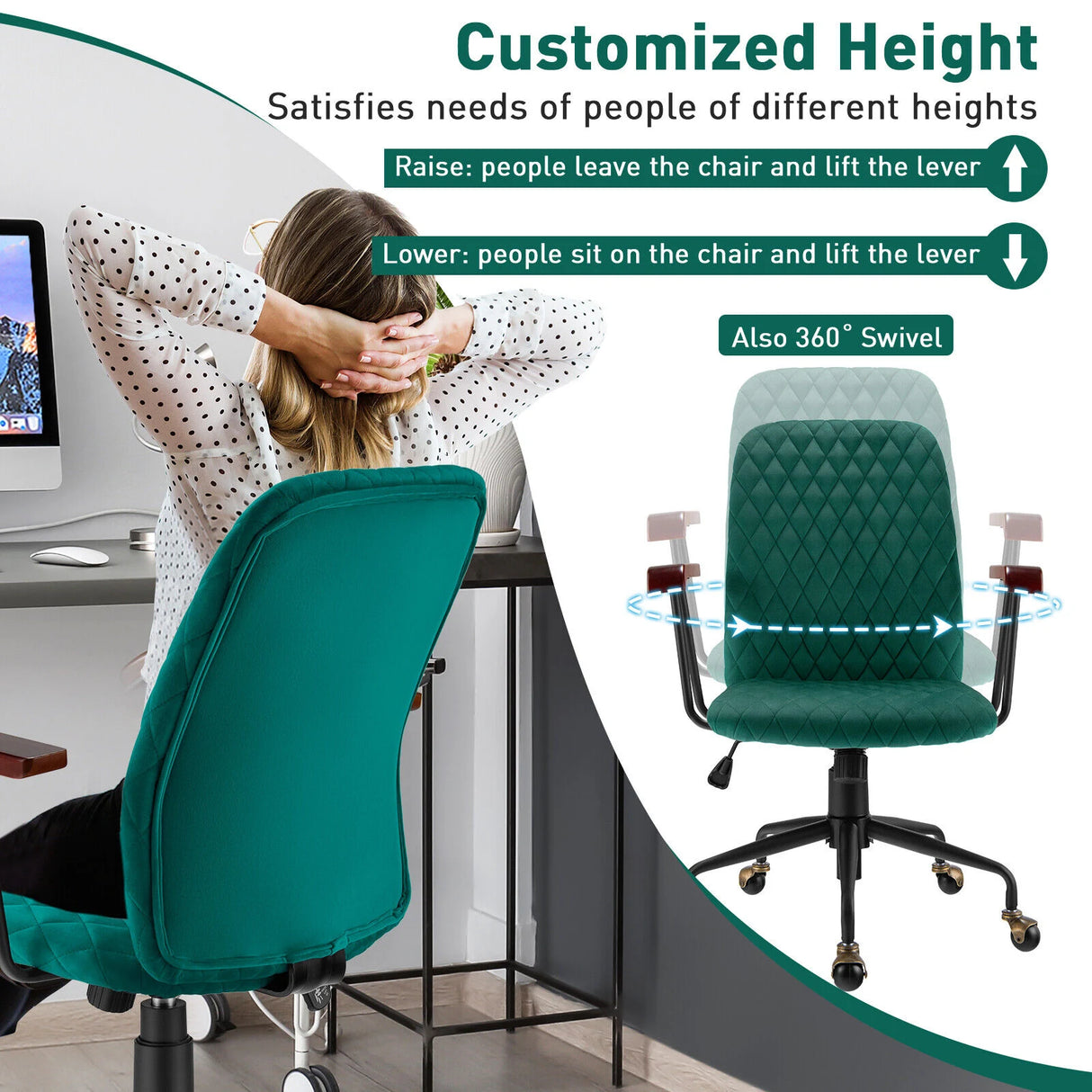 Retro Swivel Velvet Computer Desk Chair with Armrest for Home &amp; Office-Green