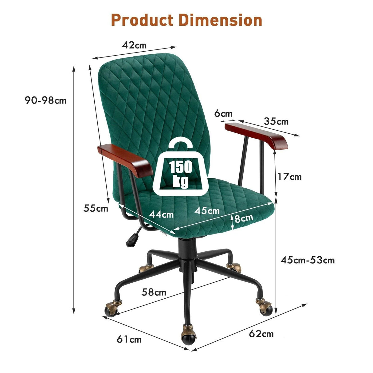 Retro Swivel Velvet Computer Desk Chair with Armrest for Home &amp; Office-Green