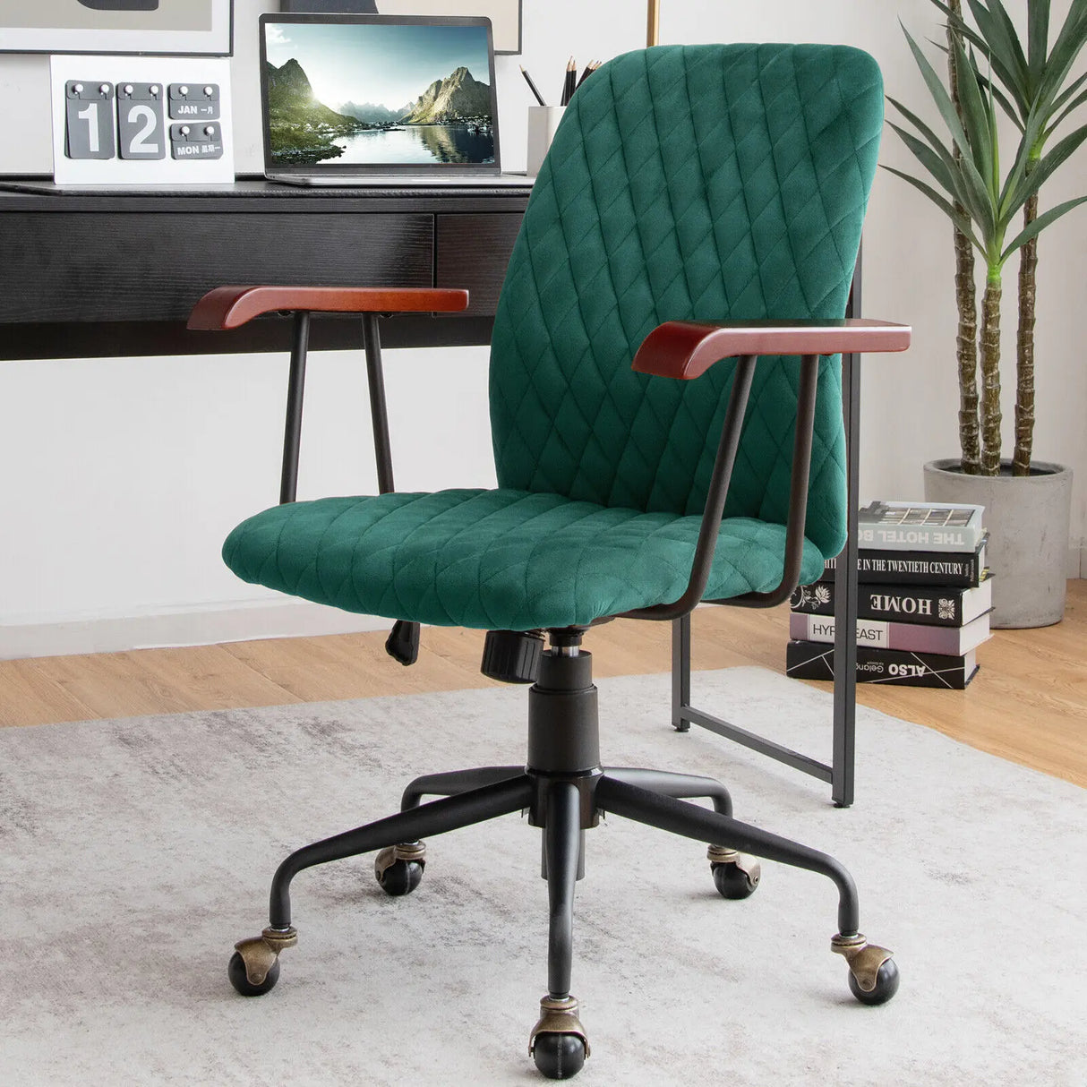 Retro Swivel Velvet Computer Desk Chair with Armrest for Home &amp; Office-Green