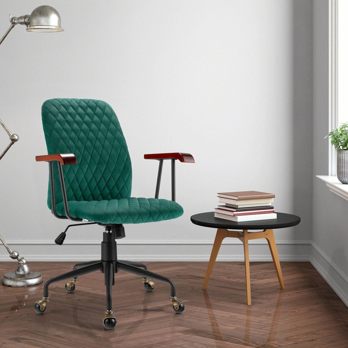 Retro Swivel Velvet Computer Desk Chair with Armrest for Home &amp; Office-Green