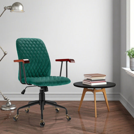 Retro Swivel Velvet Computer Desk Chair with Armrest for Home &amp; Office-Green