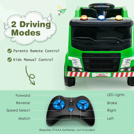 12V Kids Ride-on Garbage Truck with Warning Lights-Green