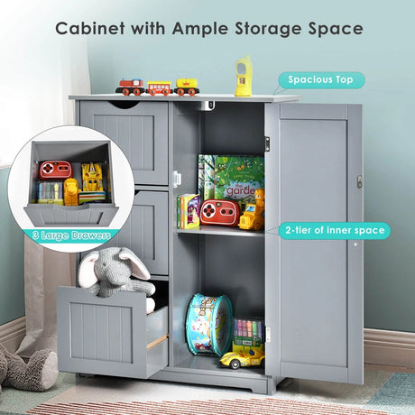 Bathroom Floor Cabinet Side Storage Cabinet with 3 Drawers and 1 Cupboard-Gray