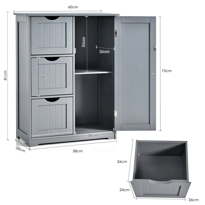 Bathroom Floor Cabinet Side Storage Cabinet with 3 Drawers and 1 Cupboard-Gray