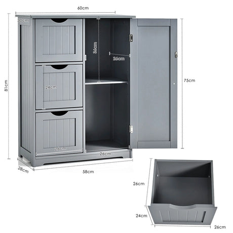 Bathroom Floor Cabinet Side Storage Cabinet with 3 Drawers and 1 Cupboard-Gray
