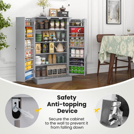 2-Door Pantry Cabinet with 6 Adjustable Shelves-Grey