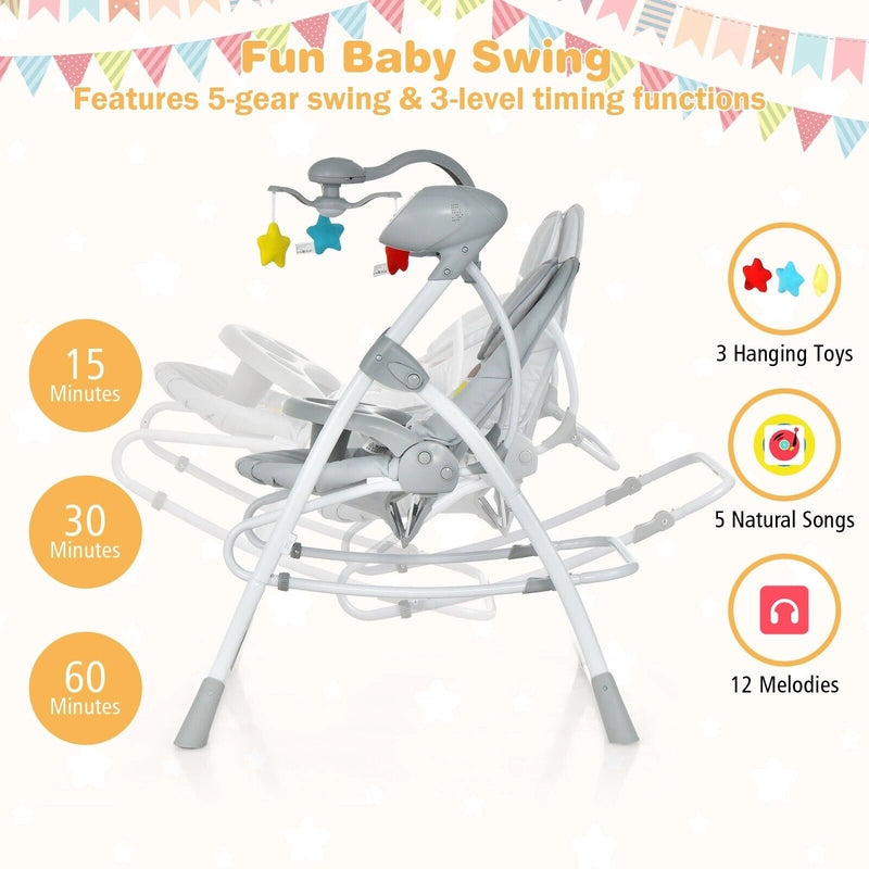 Portable 2-in-1 Baby Swing with 3 Swing Speed and 3 Timer Settings-Grey