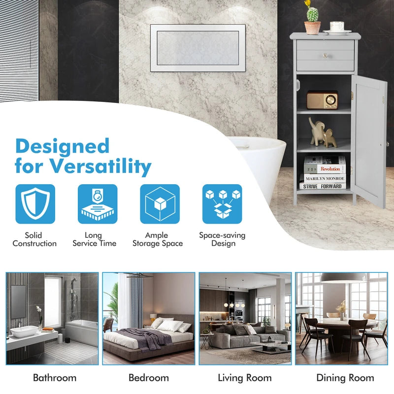 Wooden Bathroom Floor Storage Cabinet with Drawer and Shelf-Gray