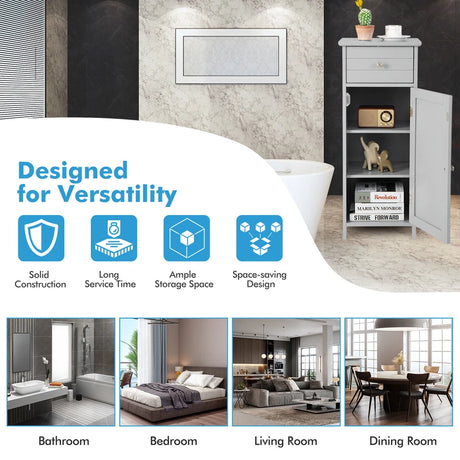 Wooden Bathroom Floor Storage Cabinet with Drawer and Shelf-Gray