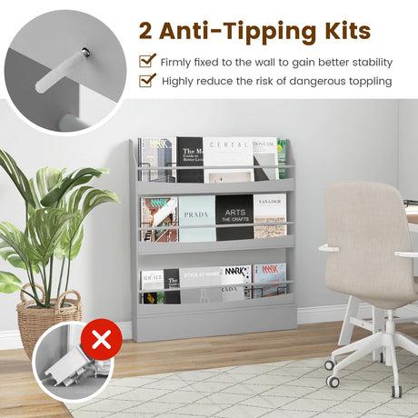 3-Tier Bookshelf with 2 Anti-Tipping Kits for Books and Magazines-Gray