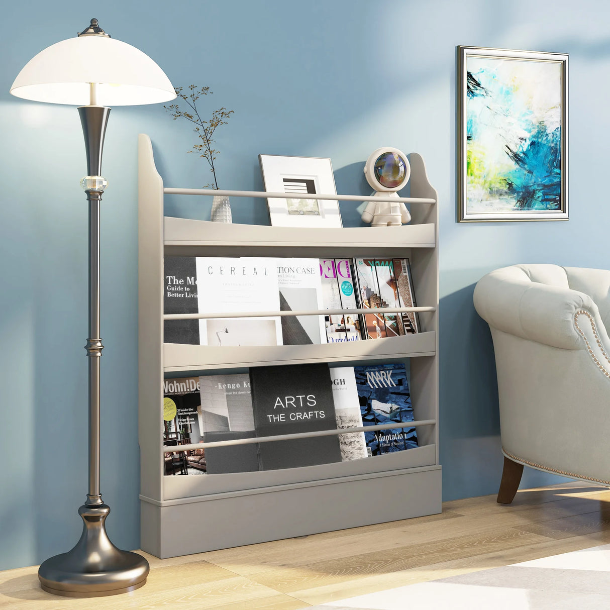 3-Tier Bookshelf with 2 Anti-Tipping Kits for Books and Magazines-Gray