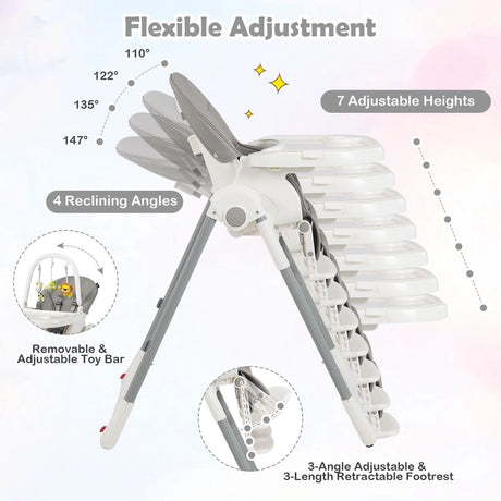 4-in-1 Foldable Baby High Chair with 7 Adjustable Heights and 4 Reclining Angles-Grey