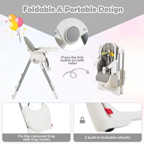 4-in-1 Foldable Baby High Chair with 7 Adjustable Heights and 4 Reclining Angles-Grey