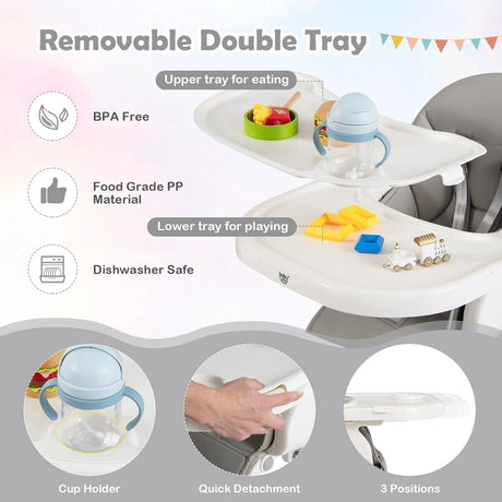 4-in-1 Foldable Baby High Chair with 7 Adjustable Heights and 4 Reclining Angles-Grey