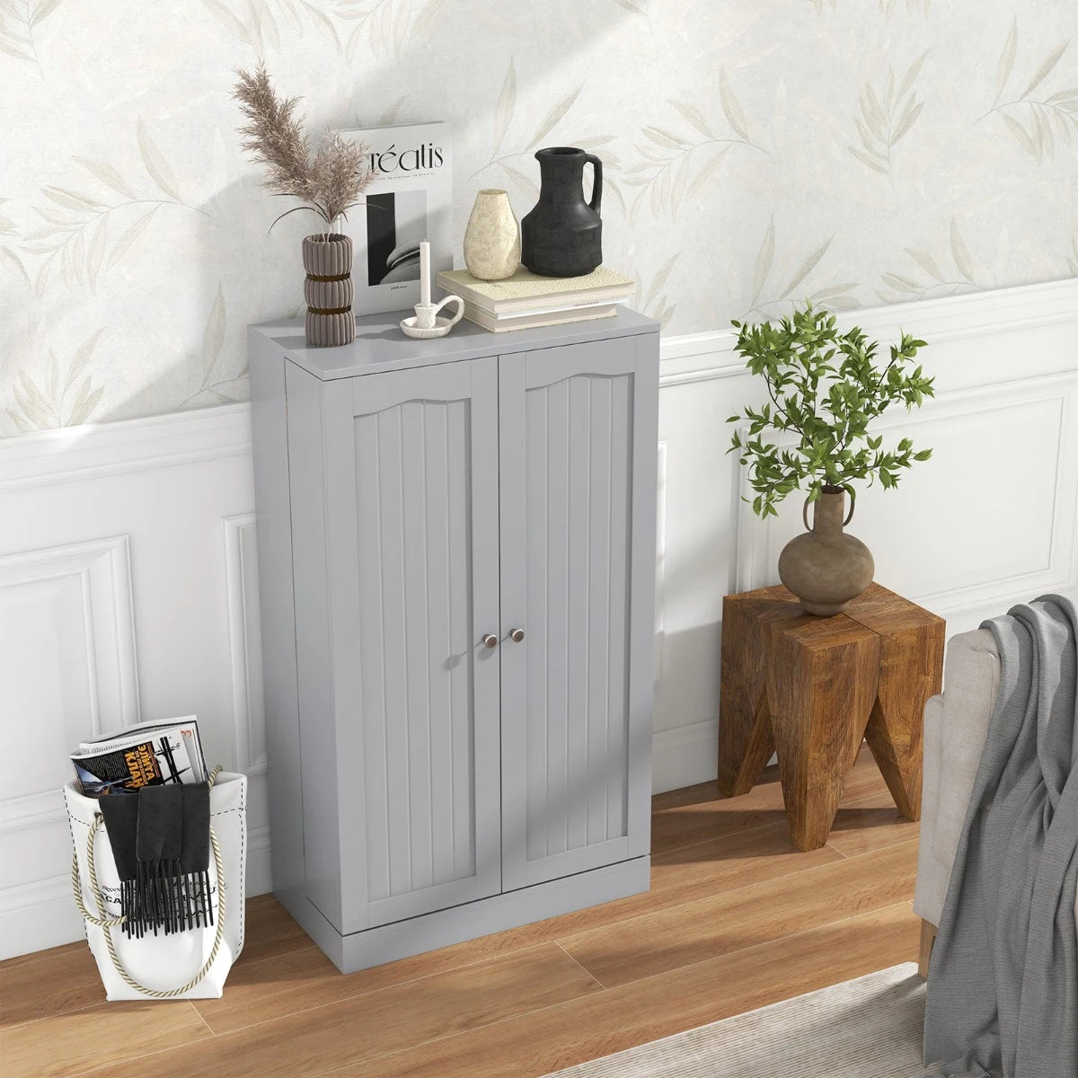 2-Door Pantry Cabinet with 6 Adjustable Shelves-Grey