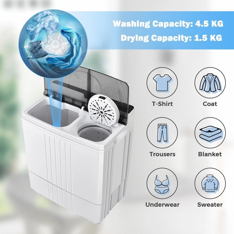 Twin Tub Portable Washing Machine with 1.5KG Capacity Dryer-Grey