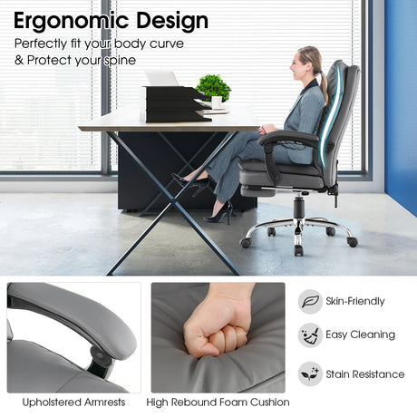 Ergonomic Adjustable High Back Rolling Computer Chair with Retractable Footrest-Grey