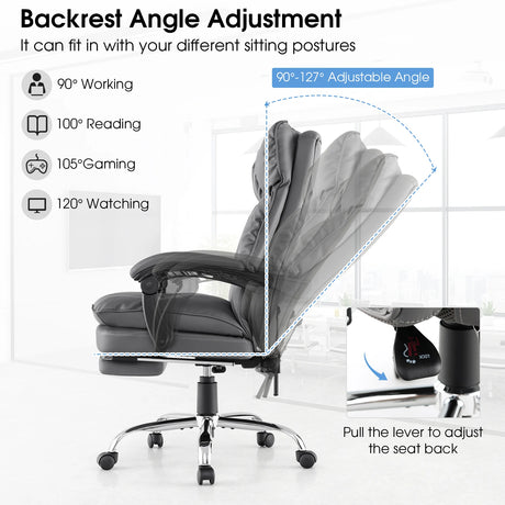 Ergonomic Adjustable High Back Rolling Computer Chair with Retractable Footrest-Grey