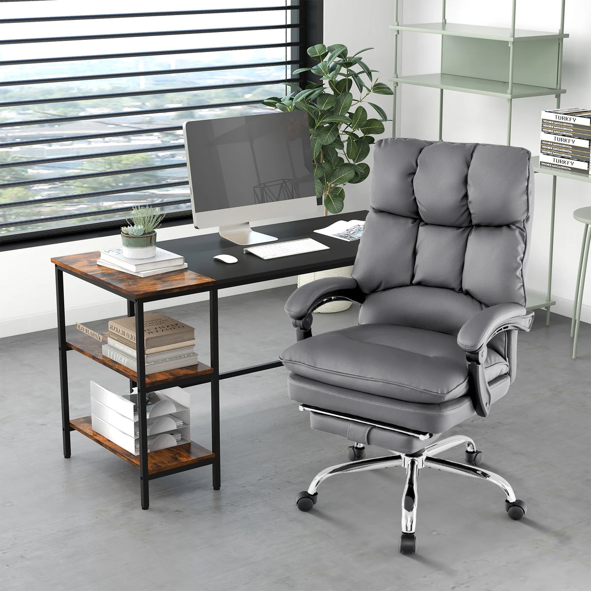 Ergonomic Adjustable High Back Rolling Computer Chair with Retractable Footrest-Grey