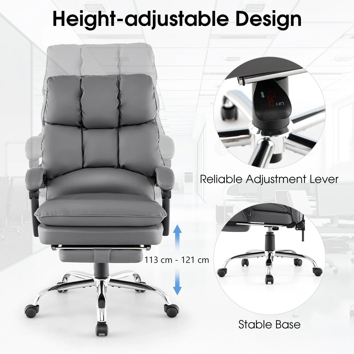 Ergonomic Adjustable High Back Rolling Computer Chair with Retractable Footrest-Grey