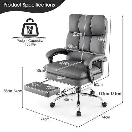 Ergonomic Adjustable High Back Rolling Computer Chair with Retractable Footrest-Grey