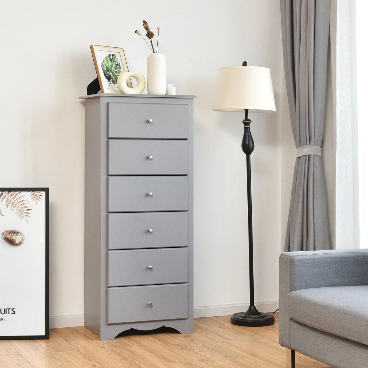 6 Drawer Chest with Mental Knobs for Living Room-Grey