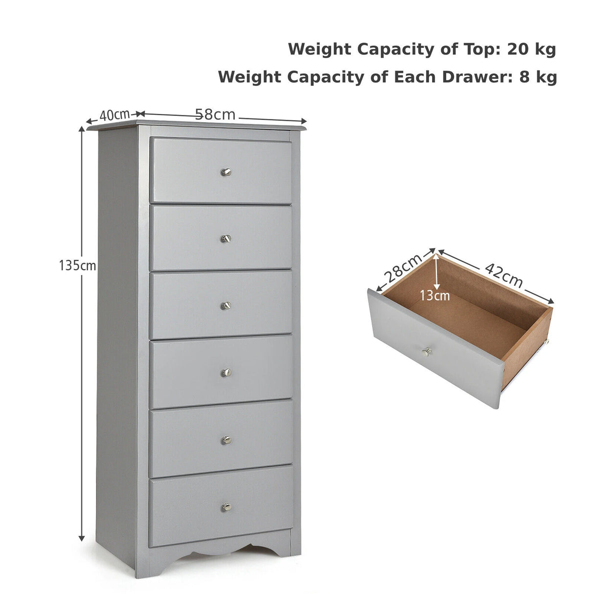 6 Drawer Chest with Mental Knobs for Living Room-Grey