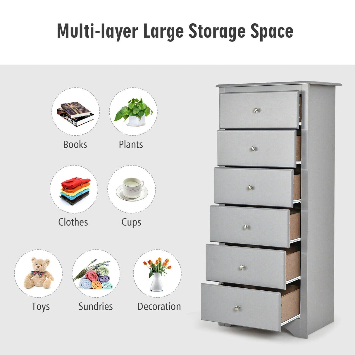6 Drawer Chest with Mental Knobs for Living Room-Grey