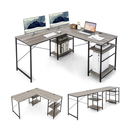 151CM Convertible L-shaped Computer Desk with 4 Storage Shelves for Home Office-Grey