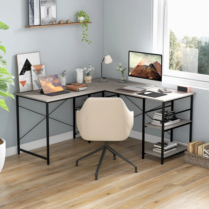 151CM Convertible L-shaped Computer Desk with 4 Storage Shelves for Home Office-Grey