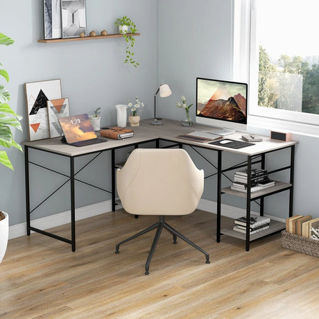 151CM Convertible L-shaped Computer Desk with 4 Storage Shelves for Home Office-Grey
