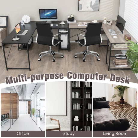 151CM Convertible L-shaped Computer Desk with 4 Storage Shelves for Home Office-Grey