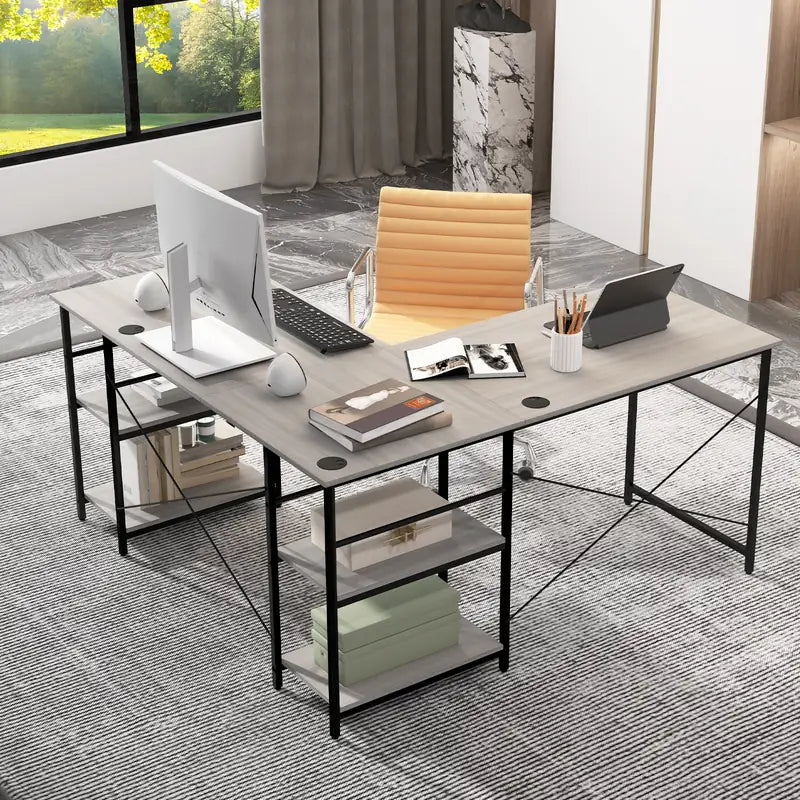 151CM Convertible L-shaped Computer Desk with 4 Storage Shelves for Home Office-Grey