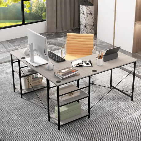 151CM Convertible L-shaped Computer Desk with 4 Storage Shelves for Home Office-Grey