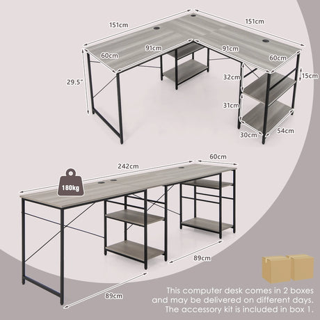 151CM Convertible L-shaped Computer Desk with 4 Storage Shelves for Home Office-Grey