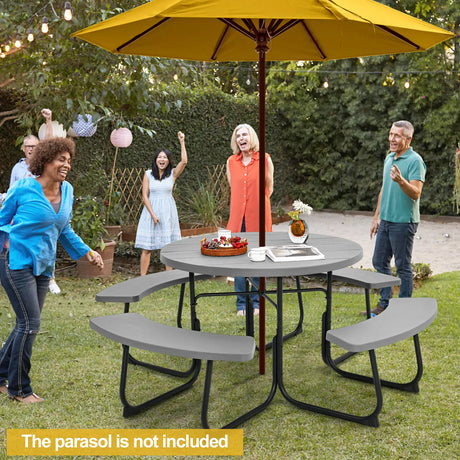 8-person 43" Outdoor Round Picnic Table Set with Umbrella Hole-Gray