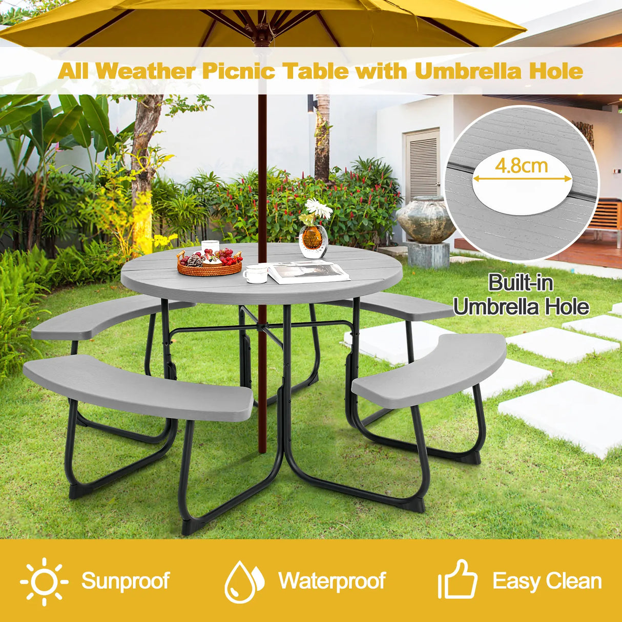 8-person 43" Outdoor Round Picnic Table Set with Umbrella Hole-Gray