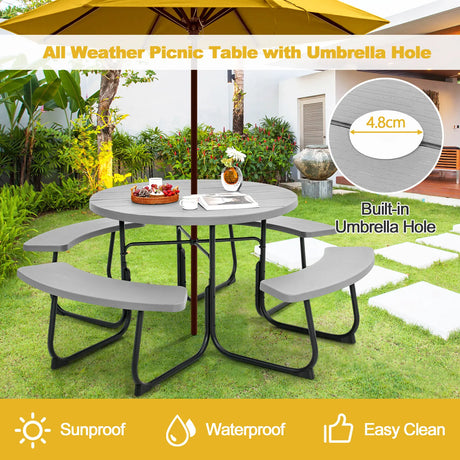 8-person 43" Outdoor Round Picnic Table Set with Umbrella Hole-Gray